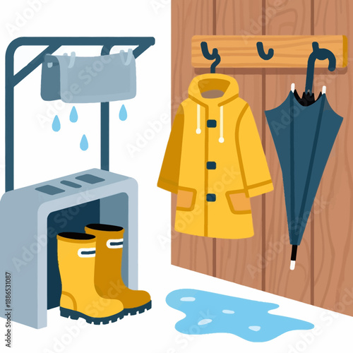 Comprehensive rainy day set including a yellow raincoat, blue umbrella, yellow boots, and an electric boot dryer for keeping footwear dry and comfortable.