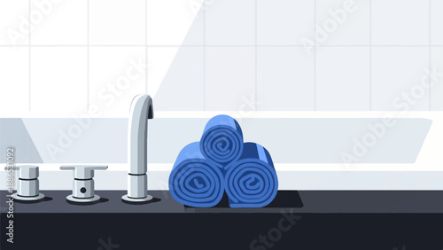Stack of blue towels beside a sink faucet and controls on a counter