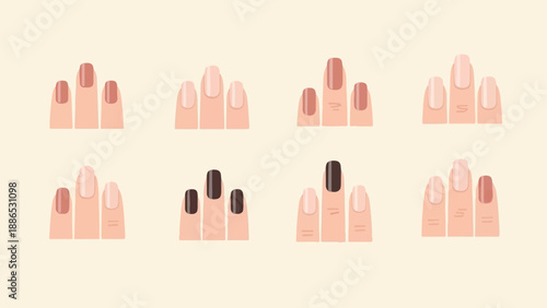 Stylized flat vector art of multiple hands showing different nail polish colors