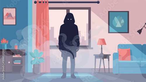 Silhouette figure in hooded jacket stands in a room with window and city view