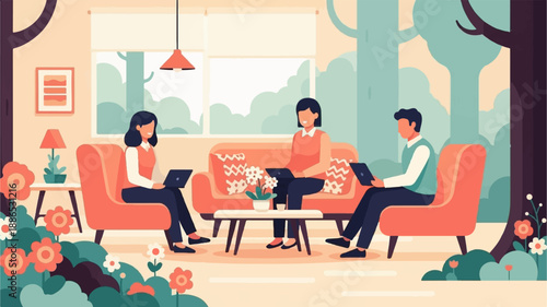 Three individuals work on laptops in a cozy, nature-inspired lounge