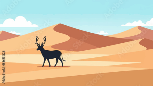 Silhouette of a deer with large antlers walking across a sandy desert landscape