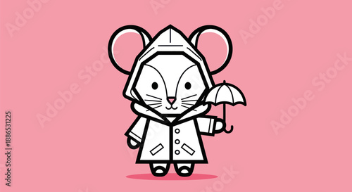 Cartoon mouse with umbrella and raincoat