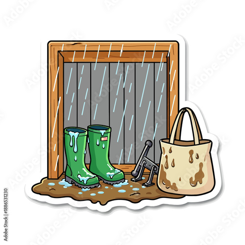 Green rubber rain boots and a muddy canvas bag wait by the doorway during a heavy rainstorm viewed through a wooden window frame on a gloomy autumn day.