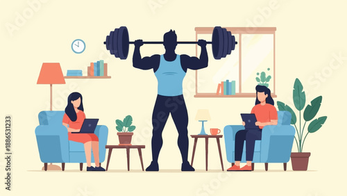 Silhouette man lifts weights; women relax with laptops in armchairs