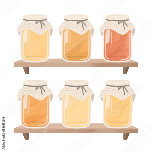 Organic honey jars and homemade fruit jam preserves sit elegantly on a wooden shelf with rustic fabric covers and twine details for a cozy kitchen pantry look.