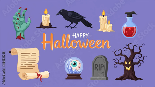 Spooky Halloween icons hand, crow, candles, potion, scroll, eye, tombstone & tree