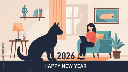 Silhouette of a dog and a woman with a laptop in a cozy room celebrating the new year