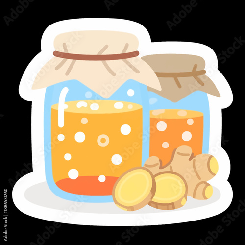 Vibrant illustration of glass jars filled with ginger and honey infusion used as an effective natural remedy for health during the cold and flu season.