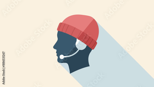 Silhouette of a person wearing a beanie and headset, casting a long shadow