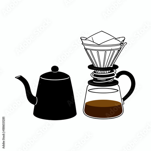 A professional pour over coffee brewing setup featuring a black gooseneck kettle and a glass carafe with a paper filter for a perfect morning caffeine fix.