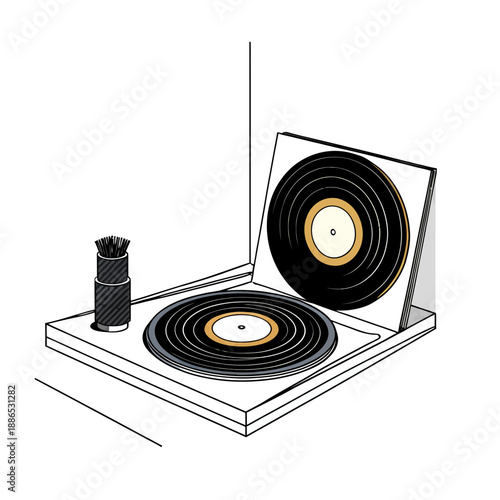 Two classic vinyl records displayed in a modern minimalist style featuring a turntable platter and a standing record jacket for an analog music collection.