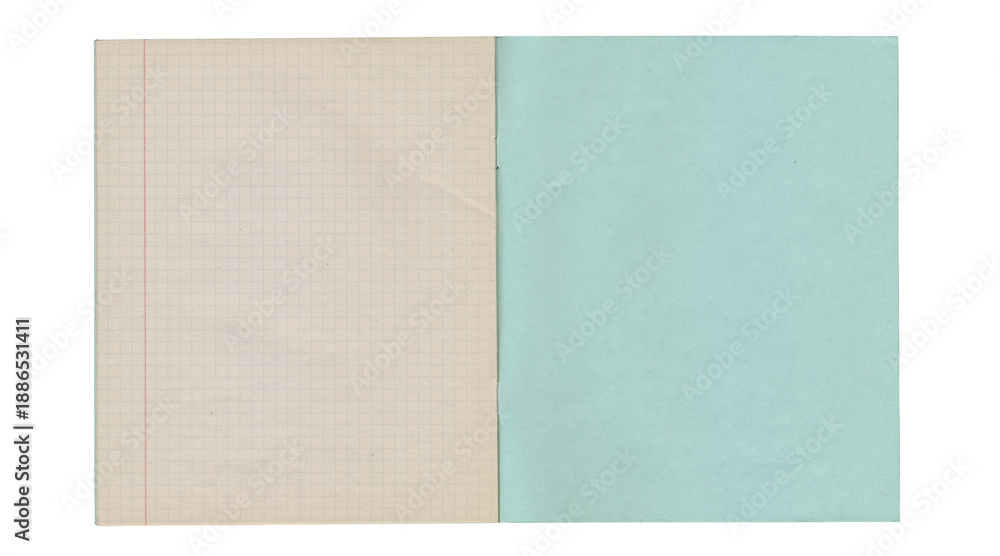 Fototapeta premium Open notebook with graph paper page and turquoise cover isolated on transparent background