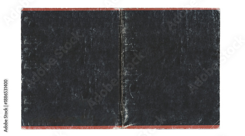 Billede på lærred Worn black notebook cover spread with red border isolated on transparent backgro