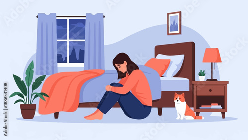 Sad person sits on floor next to bed with cat, night view outside window