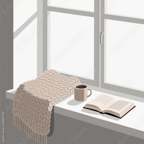 Cozy morning scene by the window featuring a warm knitted blanket, a ceramic coffee mug, and an open book on a bright windowsill for relaxed reading at home.