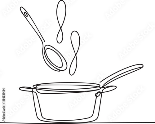 Continuous line drawing of saucepan and ladles on kitchen surface viewed from slightly above