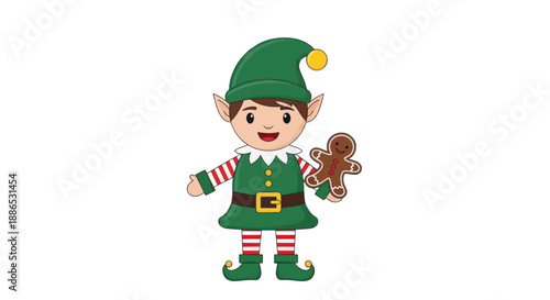 Cartoon Christmas Elf Holding a Gingerbread Man.