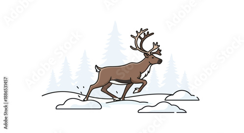 Stylized line art illustration of a brown reindeer running through a snowy winter landscape.