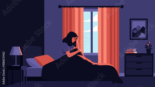 Sad person sitting on bed near window with curtains