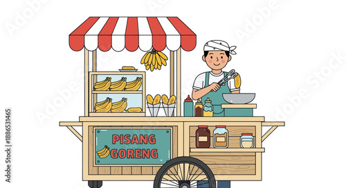 Cheerful street vendor operating a colorful food cart with bananas and snacks.