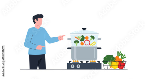 Man cooking healthy vegetables in a steamer pot on a stove.