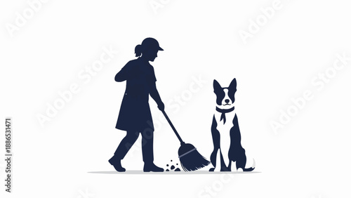 Silhouette of person with broom and dog