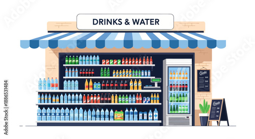 A colorful vector illustration of a small street shop selling a variety of drinks and water with a striped awning and full shelves.