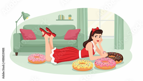 Retro woman in red dress with donuts on floor by sofa