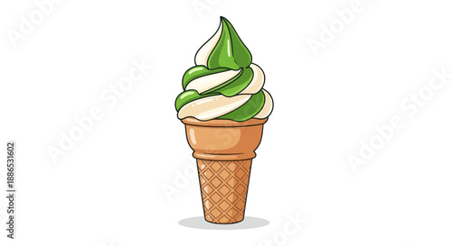 Swirled Green and White Soft Serve Ice Cream Cone.