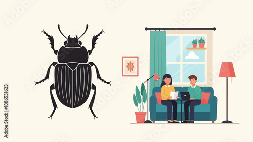 Silhouetted beetle and couple working on laptops in a living room