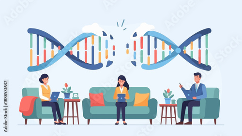 Researchers examine a DNA helix over a living room setting
