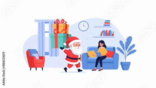 Santa carrying gifts to a woman on a laptop in a cozy room