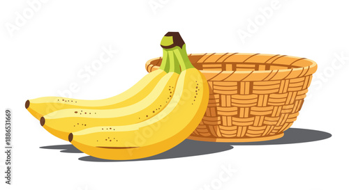 Ripe yellow bananas next to a woven wicker basket.