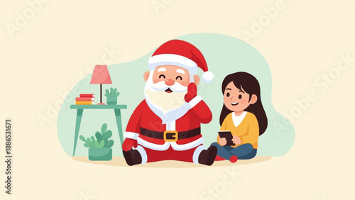 Santa Claus and a girl sitting on the floor, smiling and looking at a tablet