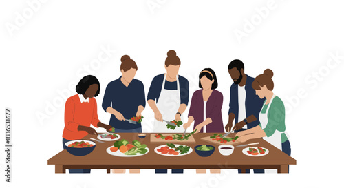 Diverse Group of People Preparing Food Together at Table.