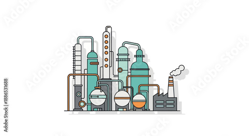 Illustrated Chemical Plant with Towers Pipes and Smoke Stacks in a Flat Design.