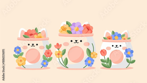 Three kawaii cat-shaped planters overflowing with vibrant spring flowers