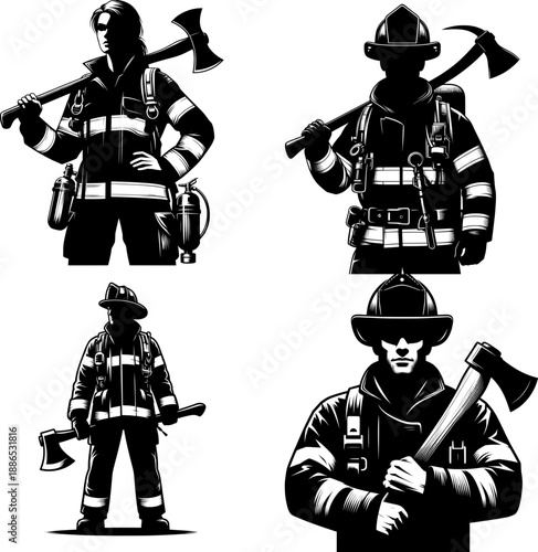 Black and white firefighter silhouette set with axe, four poses, clean flat vector, isolated on white.