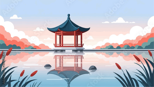 Pixel art of tranquil lake with gazebo and flora