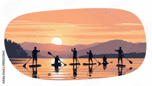 Silhouettes paddleboard across a tranquil lake at sunset with mountains in background