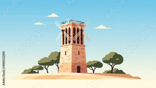 Pixelated ancient stone windmill stands tall amidst sparse trees under blue sky