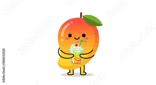 Cute Mango Character Holding a Smoothie with a Smiling Face.