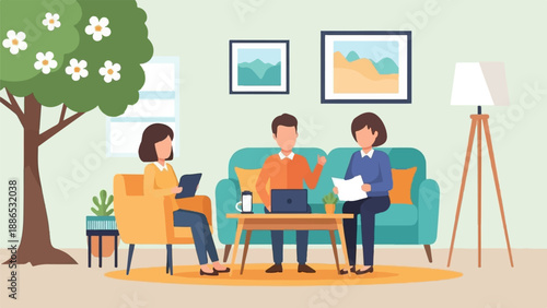 Three people in a living room discuss work around a coffee table