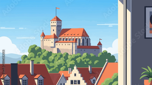 Pixelated castle view over rooftops under a bright blue sky