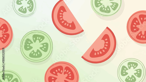 Simple sliced red and green tomatoes scattered across a light gradient background