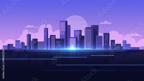 Pixelated cityscape at dusk with a vibrant purple and blue sky