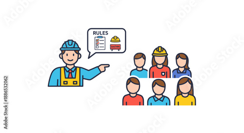 Construction Safety Briefing with Supervisor and Workers Icons.