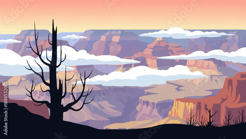 Pixelated desert landscape with a bare tree and layered canyons under a soft sky