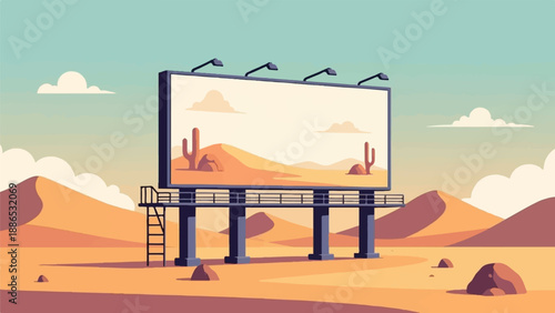 Pixelated desert billboard with cacti and sand dunes under a pale sky